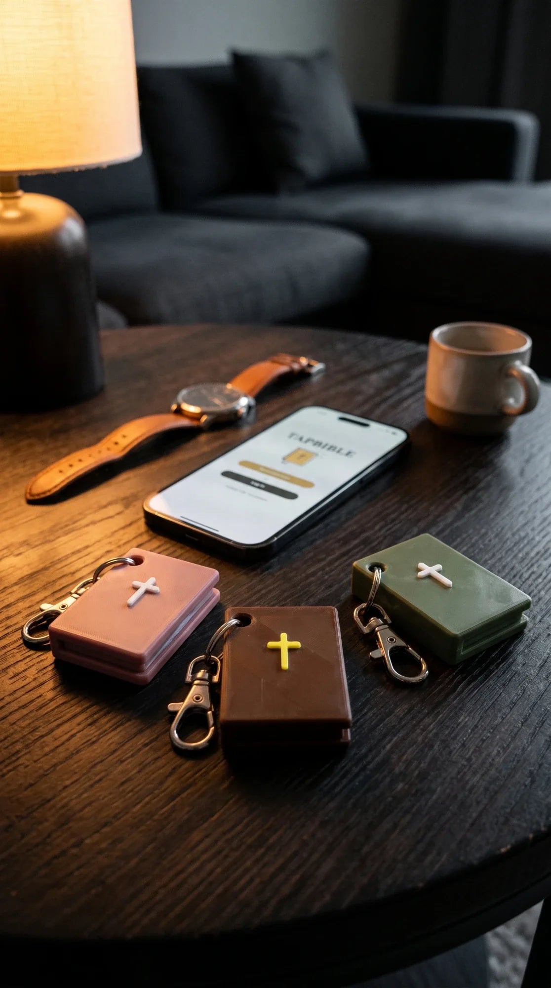 Light Pink, Brown and Sage TapBible Bible keychains on a wooden table beside a phone, a watch and a coffee mug
